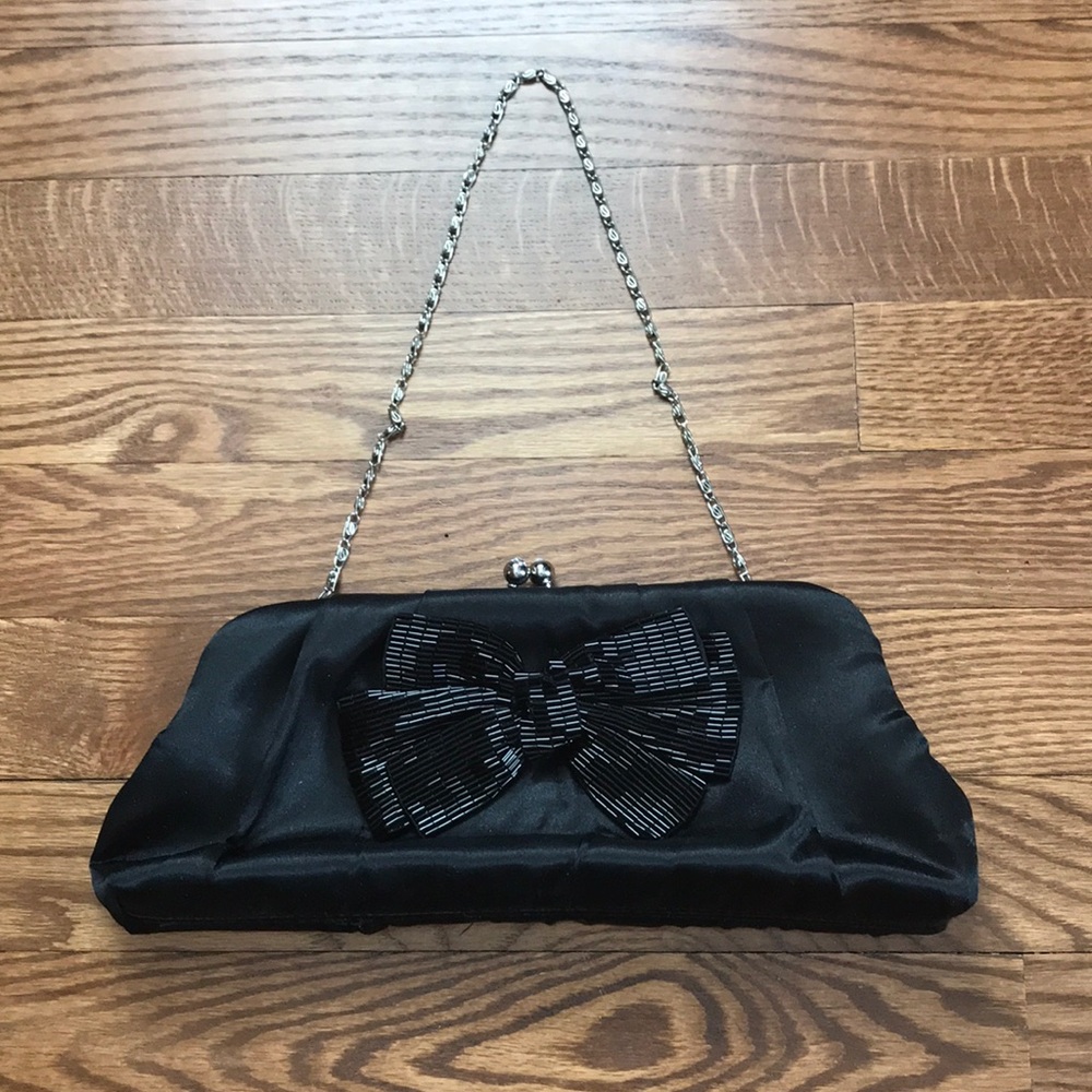 Black Satin Clutch with Beaded Bow
